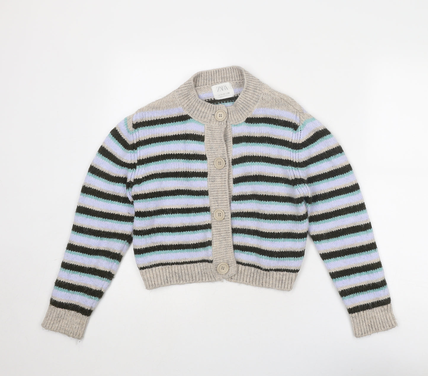 Zara Girls Multicoloured Round Neck Striped Acrylic Cardigan Jumper Size 11-12 Years Button