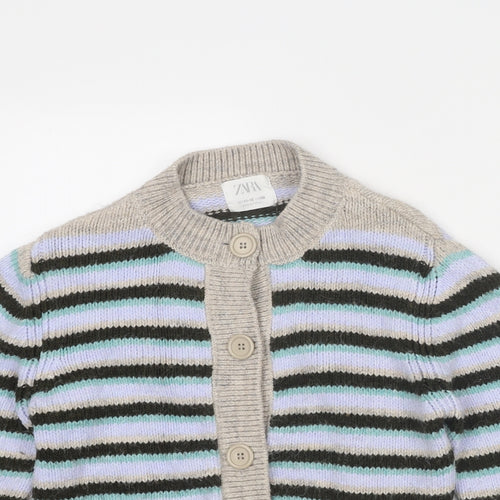 Zara Girls Multicoloured Round Neck Striped Acrylic Cardigan Jumper Size 11-12 Years Button