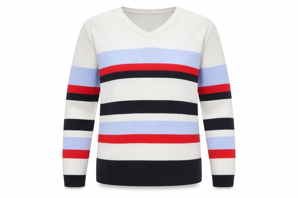 Front view of Marks & Spencer women’s multicoloured v-neck striped viscose jumper, size UK 12