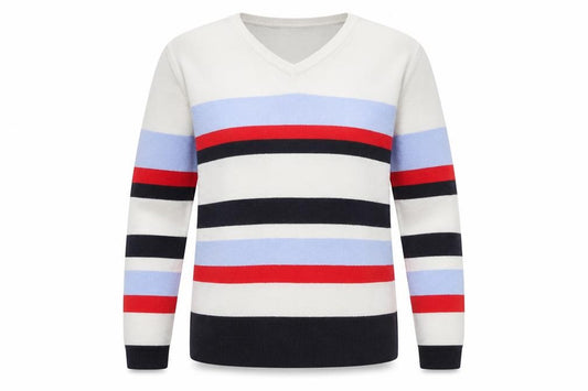 Front view of Marks & Spencer women’s multicoloured v-neck striped viscose jumper, size UK 12