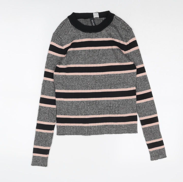 Divided by H&M Womens Grey Round Neck Striped Viscose Pullover Jumper Size M