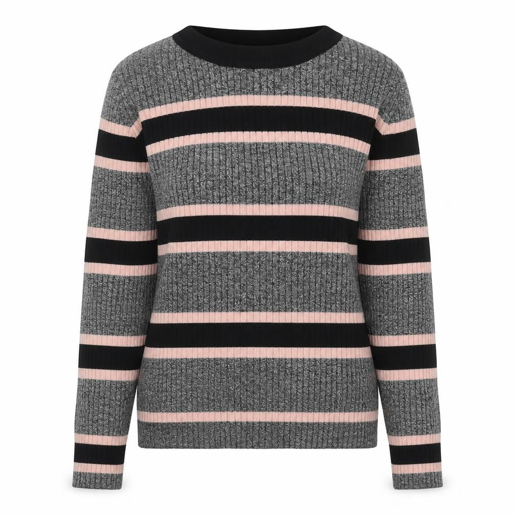 Front view of Divided by H&M women’s grey round neck striped viscose jumper, size M