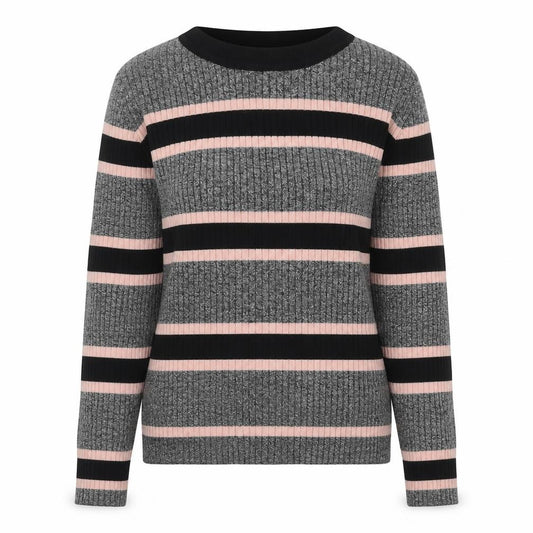 Front view of Divided by H&M women’s grey round neck striped viscose jumper, size M