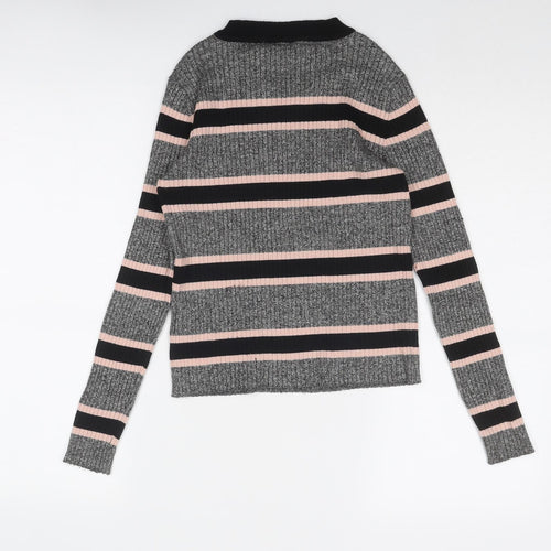 Divided by H&M Womens Grey Round Neck Striped Viscose Pullover Jumper Size M