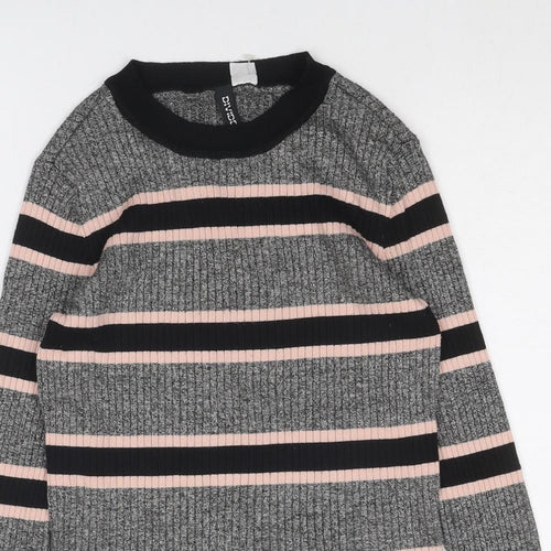 Divided by H&M Womens Grey Round Neck Striped Viscose Pullover Jumper Size M