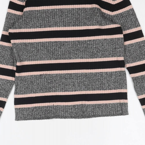 Divided by H&M Womens Grey Round Neck Striped Viscose Pullover Jumper Size M