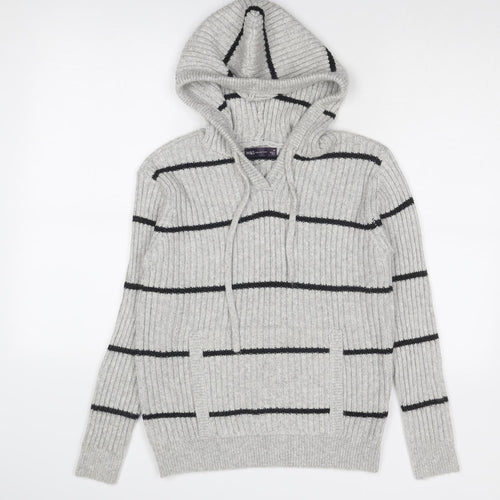 Marks and Spencer Womens Grey V-Neck Striped Polyester Pullover Jumper Size M