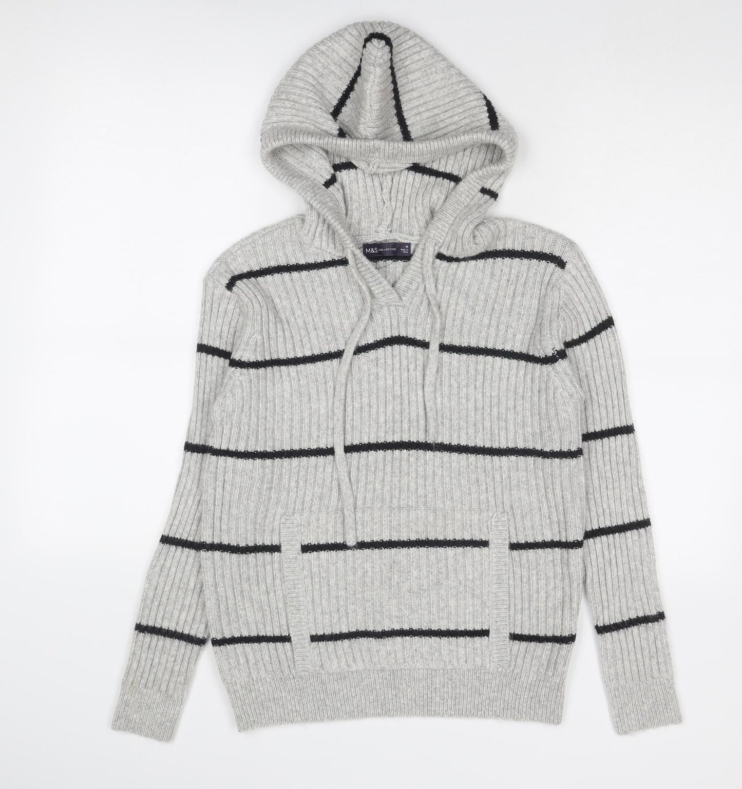 Marks and Spencer Womens Grey V-Neck Striped Polyester Pullover Jumper Size M