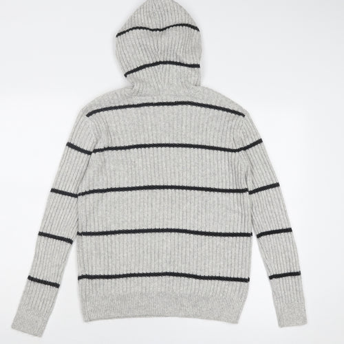 Marks and Spencer Womens Grey V-Neck Striped Polyester Pullover Jumper Size M