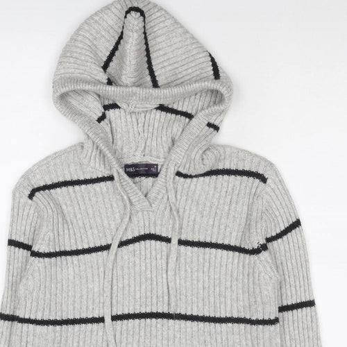 Marks and Spencer Womens Grey V-Neck Striped Polyester Pullover Jumper Size M