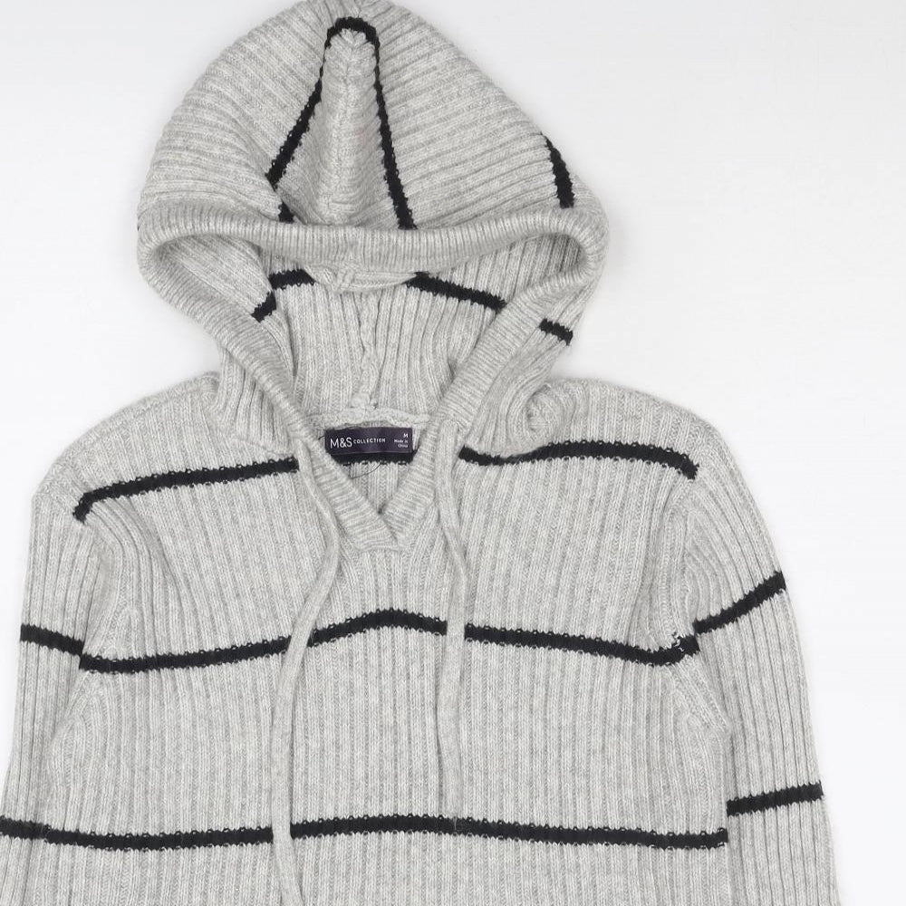 Marks and Spencer Womens Grey V-Neck Striped Polyester Pullover Jumper Size M