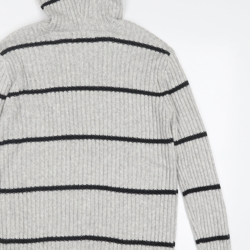 Marks and Spencer Womens Grey V-Neck Striped Polyester Pullover Jumper Size M