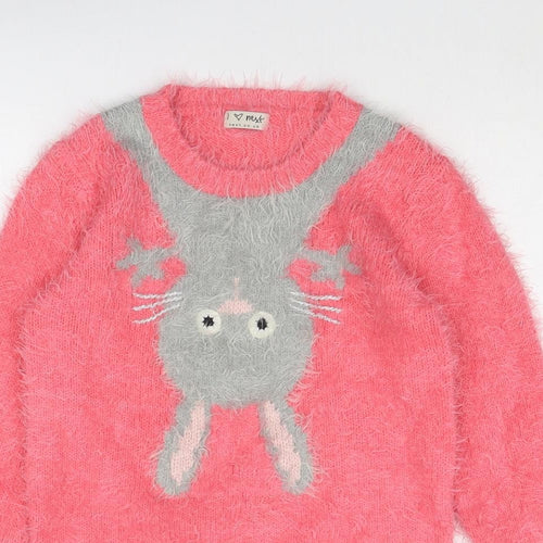 NEXT Girls Pink Round Neck Acrylic Pullover Jumper Size 9-10 Years Pullover - Rabbit