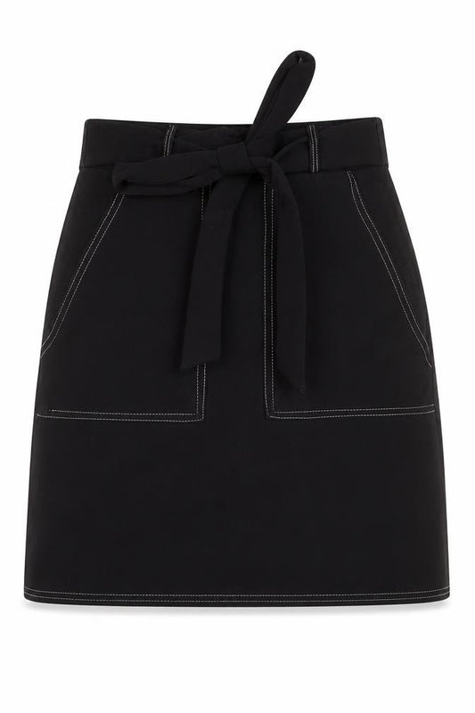 Front view of PRETTYLITTLETHING women’s black polyester a-line skirt, size UK 8, tie