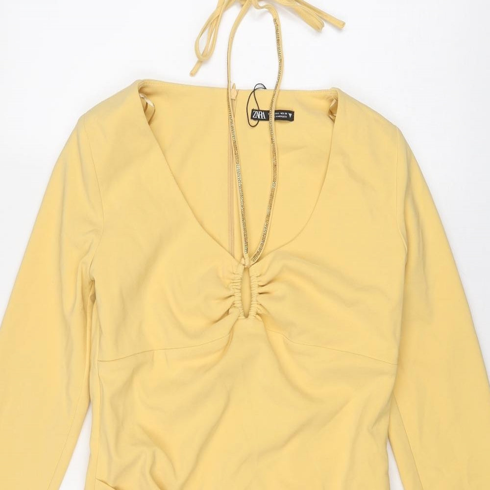 Zara Womens Yellow Polyester Mini Size L Halter Zip