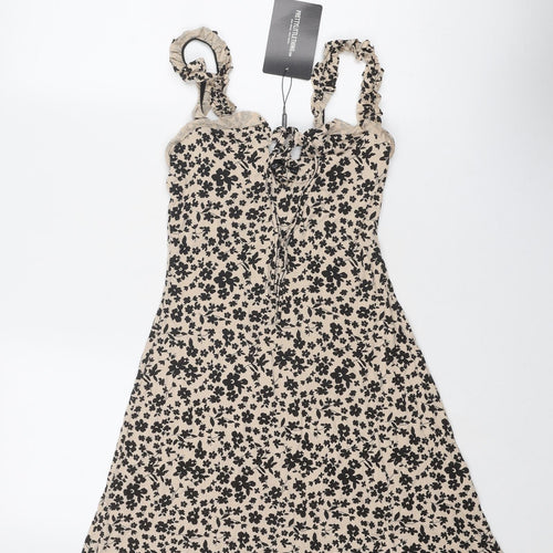 PRETTYLITTLETHING Womens Beige Floral Viscose Tank Dress Size 8 V-Neck Lace Up