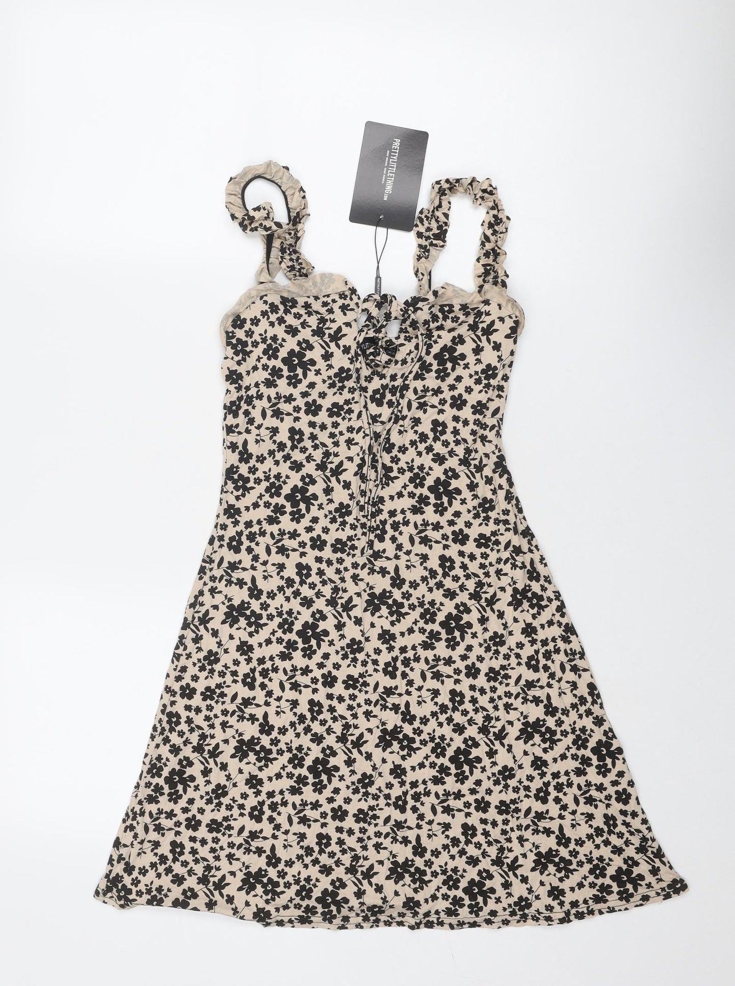 PRETTYLITTLETHING Womens Beige Floral Viscose Tank Dress Size 8 V-Neck Lace Up