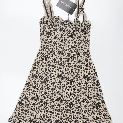 PRETTYLITTLETHING Womens Beige Floral Viscose Tank Dress Size 8 V-Neck Lace Up