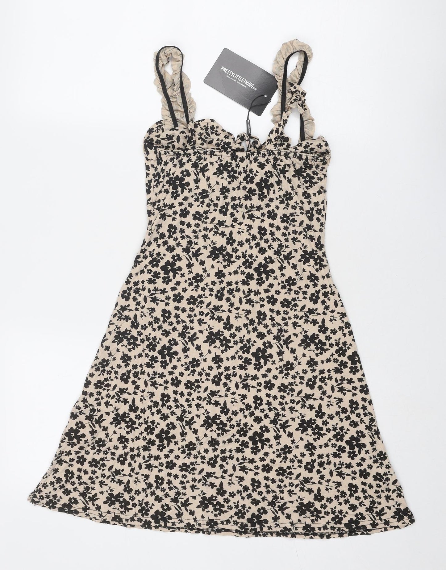 PRETTYLITTLETHING Womens Beige Floral Viscose Tank Dress Size 8 V-Neck Lace Up