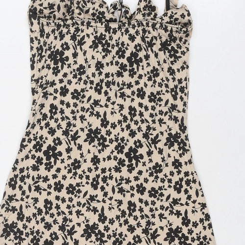 PRETTYLITTLETHING Womens Beige Floral Viscose Tank Dress Size 8 V-Neck Lace Up