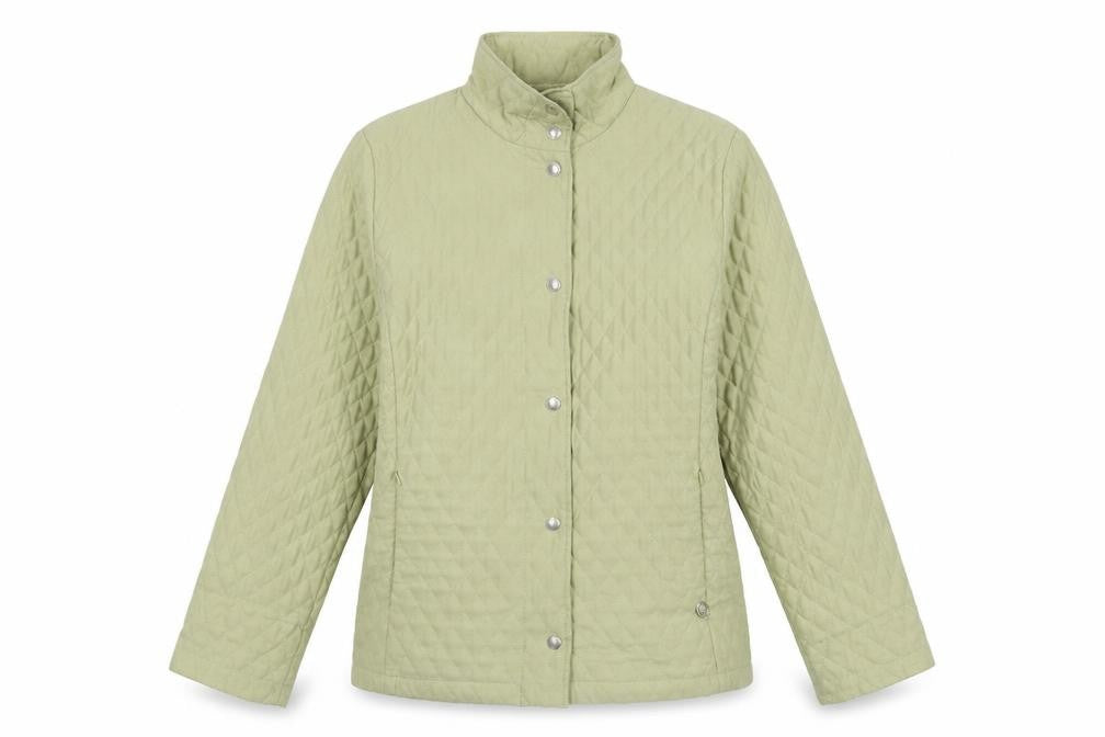 Front view of Frank Eden women’s beige quilted jacket, size UK 10, snap