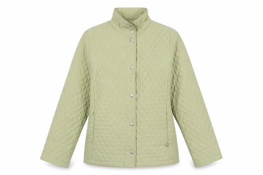 Front view of Frank Eden women’s beige quilted jacket, size UK 10, snap