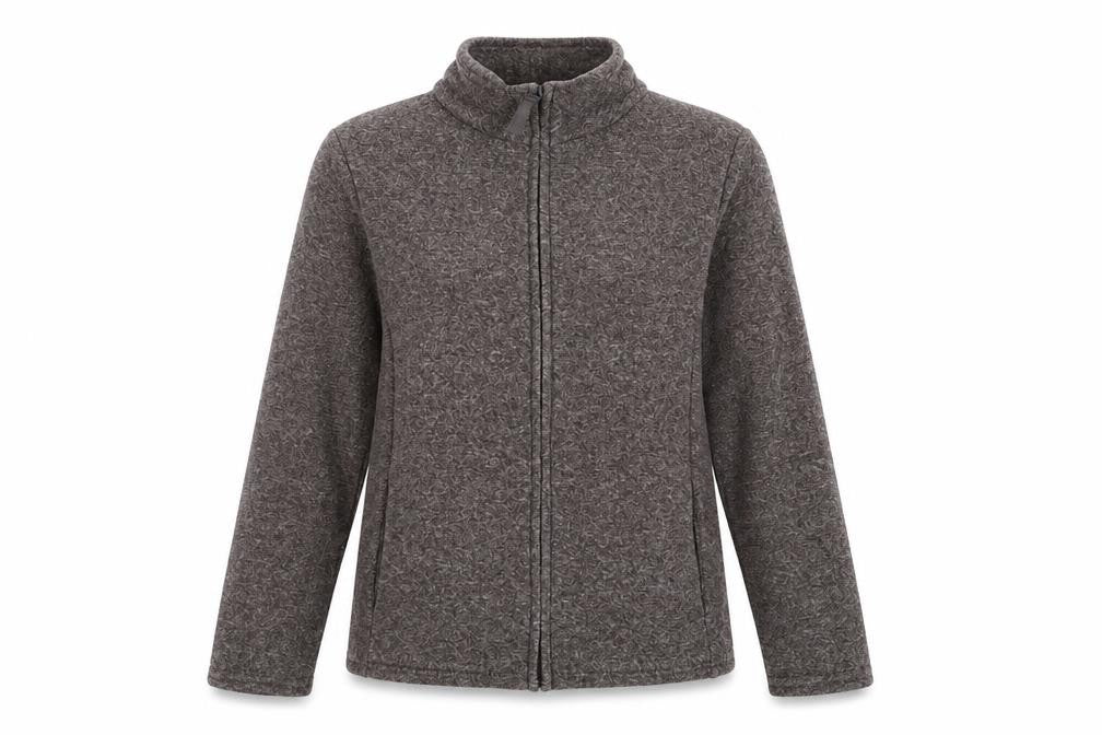 Front view of Marks & Spencer women’s brown geometric jacket, size UK 12, zip