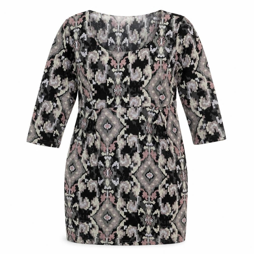 Front view of Lily Originals women’s multicoloured geometric polyester mini, size UK 12, boat neck pullover