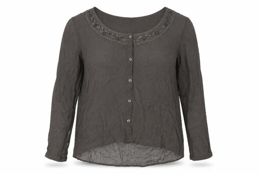 Front view of Cote Femme women’s brown polyester basic button-up, size UK 20, round neck