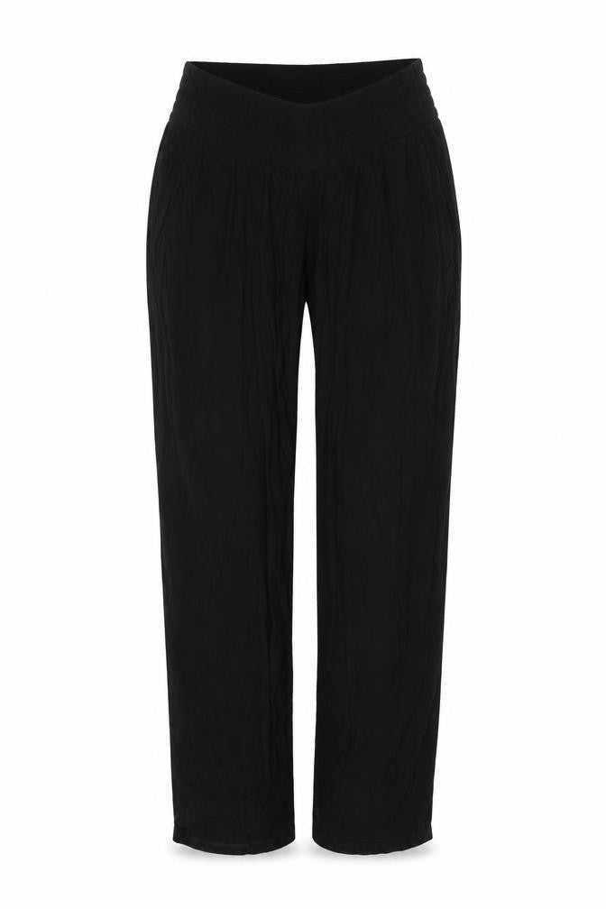 Front view of H&M women’s black viscose trousers, size M, regular
