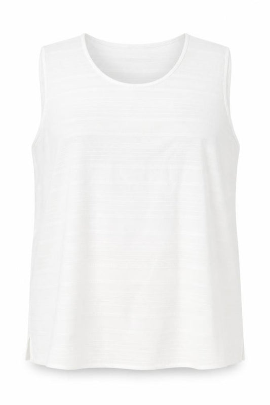 Front view of Frank Walder women’s white polyester basic tank, size UK 18, round neck