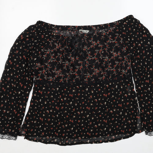 Style Womens Black Floral Viscose Basic Blouse Size 14 Off the Shoulder - Lace Trim