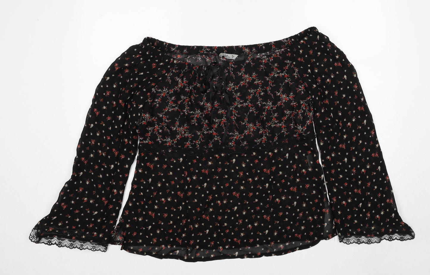 Style Womens Black Floral Viscose Basic Blouse Size 14 Off the Shoulder - Lace Trim