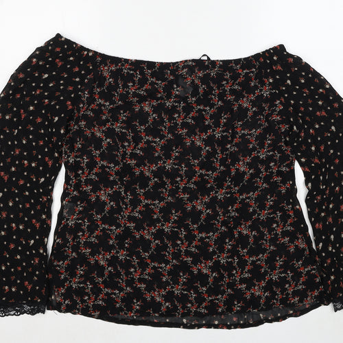 Style Womens Black Floral Viscose Basic Blouse Size 14 Off the Shoulder - Lace Trim