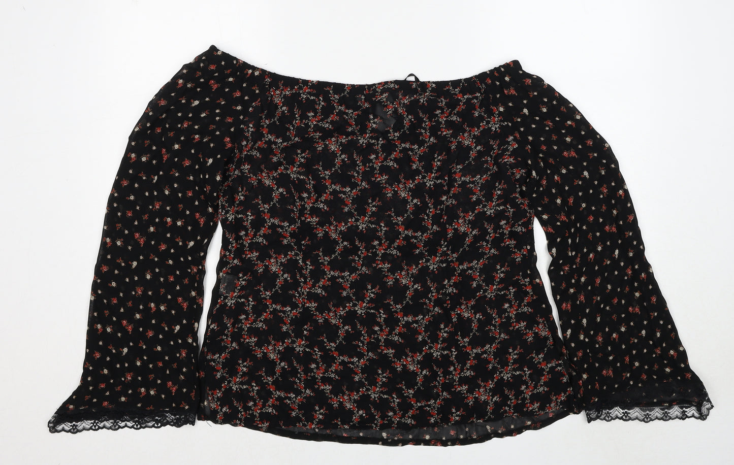 Style Womens Black Floral Viscose Basic Blouse Size 14 Off the Shoulder - Lace Trim