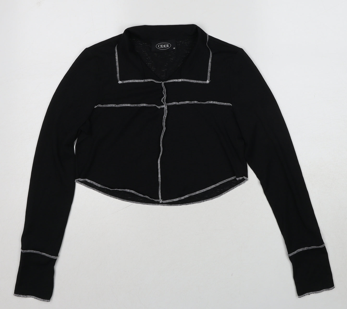 Cider Womens Black Polyester Cropped Blouse Size M Collared - Contrast Stitching