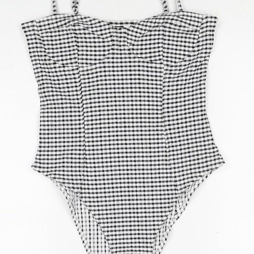 H&M Womens Black Check Polyester Bodysuit One-Piece Size S Snap
