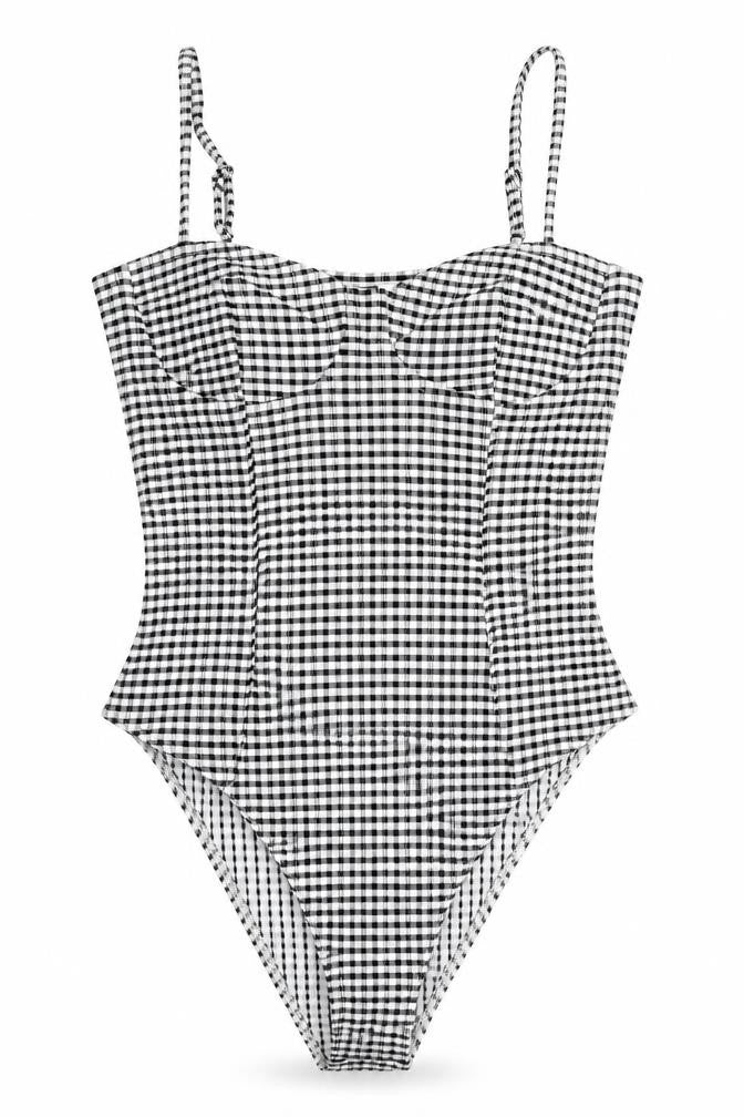 Front view of H&M women’s black check polyester bodysuit one-piece, size S, snap