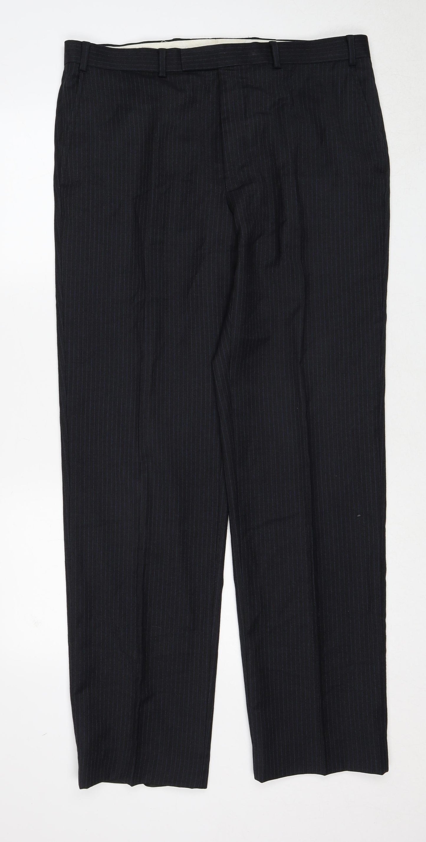 Marks and Spencer Mens Grey Striped Wool Trousers Size 36 in L33 in Regular Zip