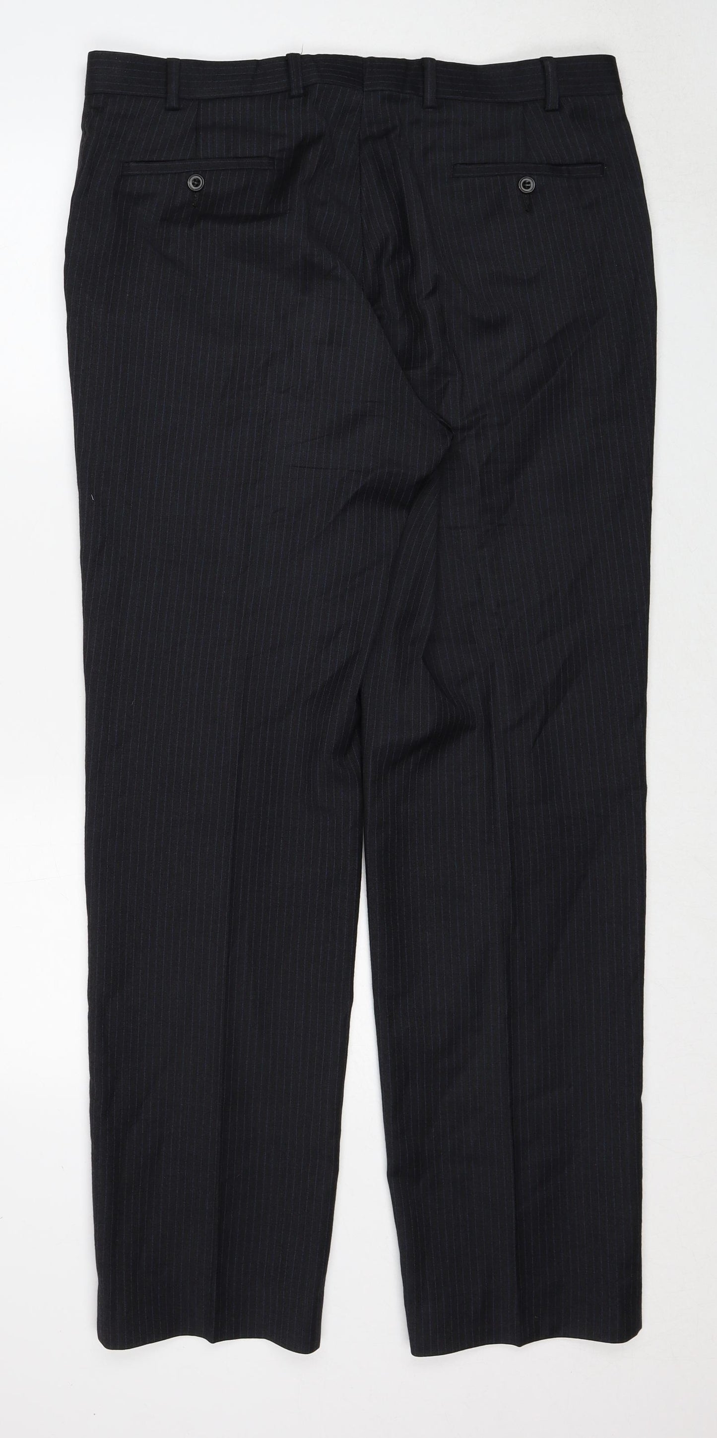 Marks and Spencer Mens Grey Striped Wool Trousers Size 36 in L33 in Regular Zip