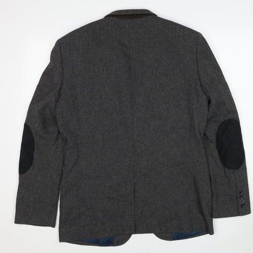 NEXT Mens Grey Herringbone Polyester Jacket Blazer Size 40 Regular - Elbow Patches