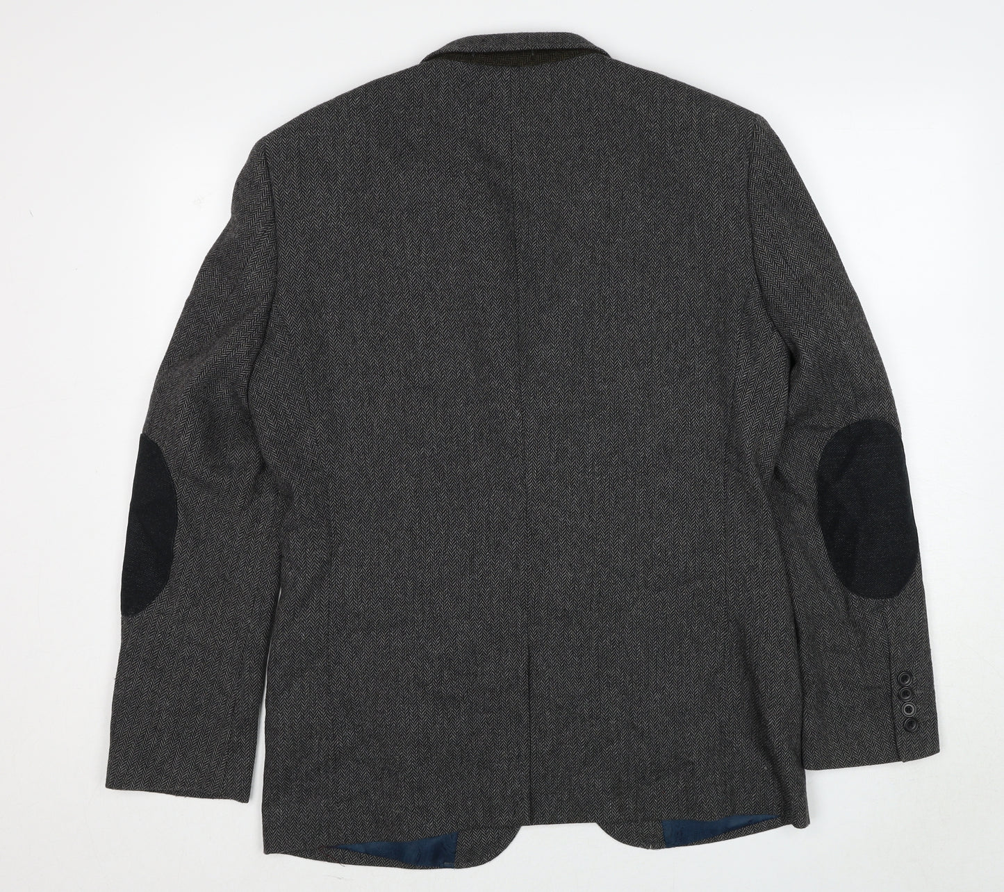 NEXT Mens Grey Herringbone Polyester Jacket Blazer Size 40 Regular - Elbow Patches