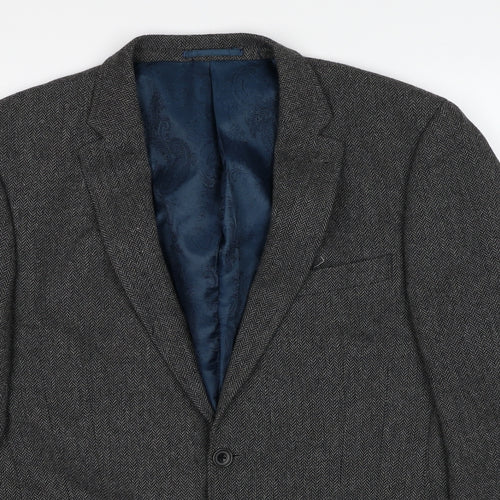 NEXT Mens Grey Herringbone Polyester Jacket Blazer Size 40 Regular - Elbow Patches