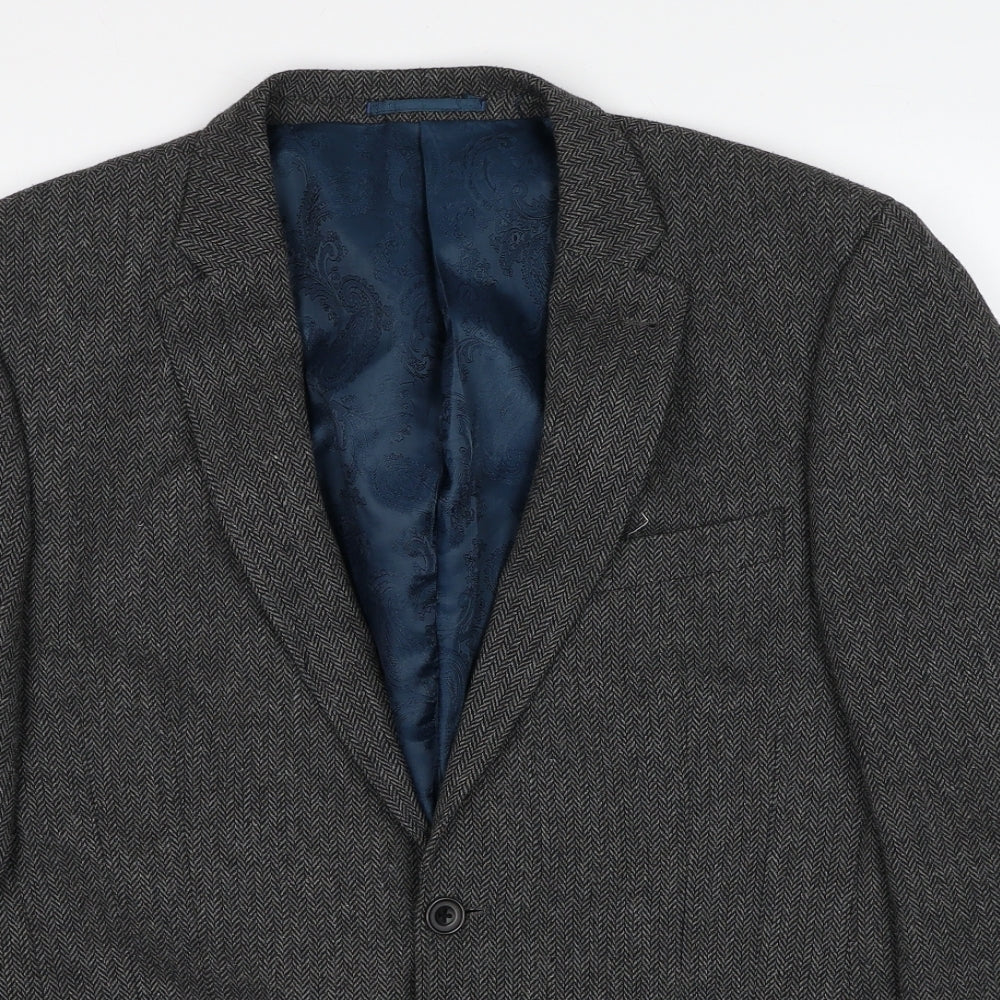 NEXT Mens Grey Herringbone Polyester Jacket Blazer Size 40 Regular - Elbow Patches