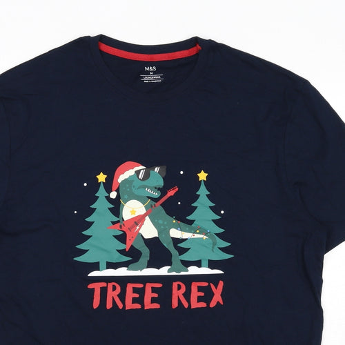 Marks and Spencer Mens Blue Cotton T-Shirt Size M Round Neck Pullover - Tree Rex Christmas