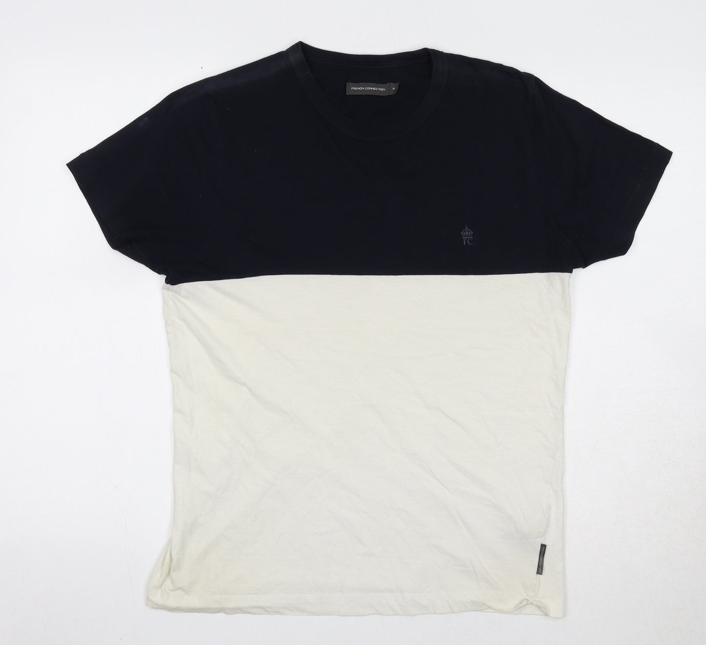 French Connection Mens Blue Colourblock Cotton T-Shirt Size M Round Neck
