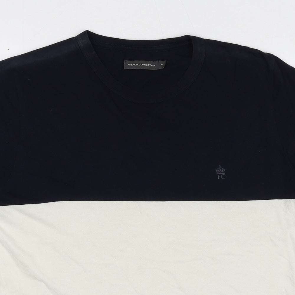 French Connection Mens Blue Colourblock Cotton T-Shirt Size M Round Neck