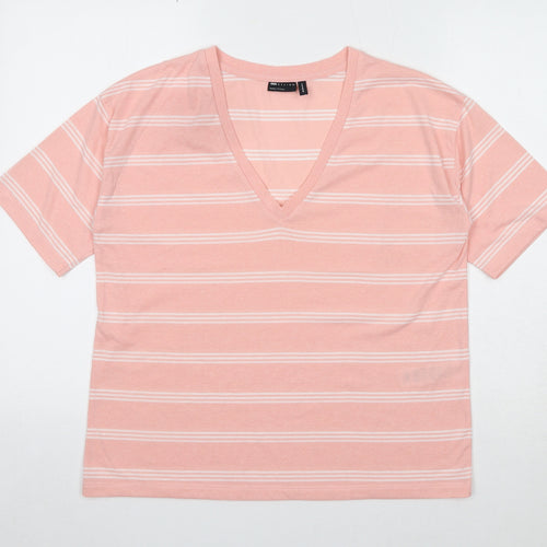 ASOS Womens Pink Striped Polyester Basic T-Shirt Size 8 V-Neck