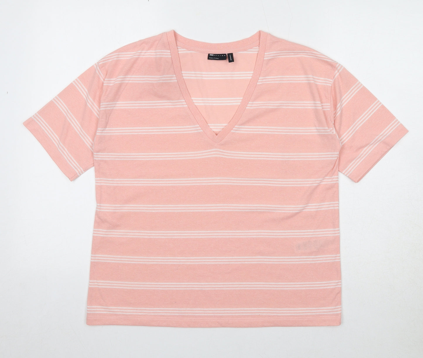 ASOS Womens Pink Striped Polyester Basic T-Shirt Size 8 V-Neck