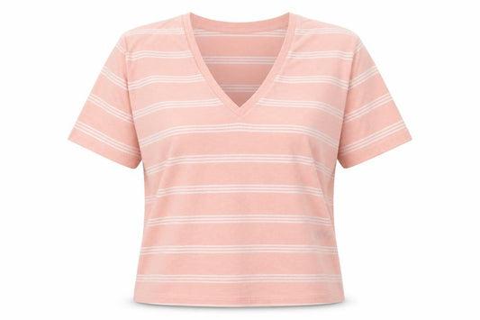 Front view of ASOS women’s pink striped polyester basic t-shirt, size UK 8, v-neck